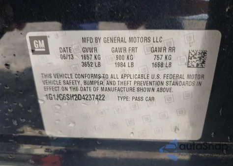 2013 Chevrolet Sonic Lt Auto из США, поврежденный, VIN 1G1JC6SH2D4237422